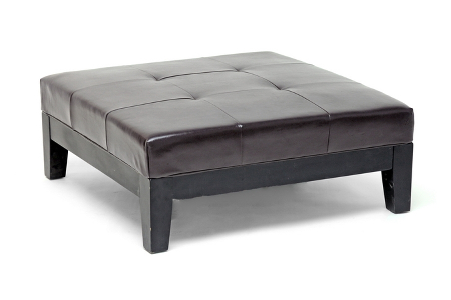 Grant Brown Leather Large Cocktail Ottoman with Tufting and Wood